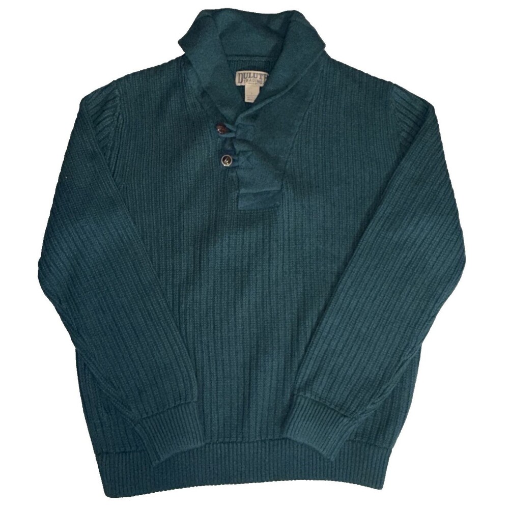 Duluth Trading Sweater Men Large Green Cotton/Wool Shawl Collar EUC Warm